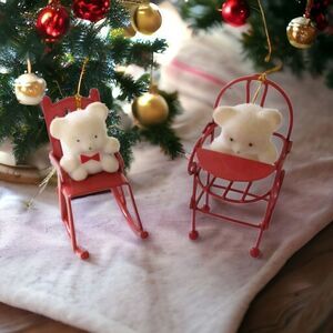 Avon Flocked Teddy Bear Ornament‎ Lot x 2 Red Metal Rocking Chair High Chair.